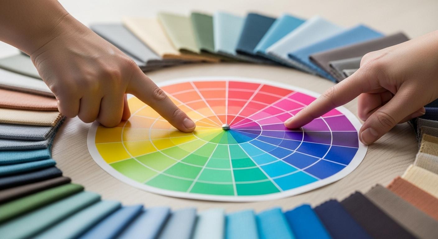 Un-cercle-chromatique-pose-sur-une-table-en-bois-clair-avec-le-vert-deau-et-le-violet-mis-en-avant-p-1756657803 Comment marier la couleur complémentaire vert d'eau dans la déco intérieure ?