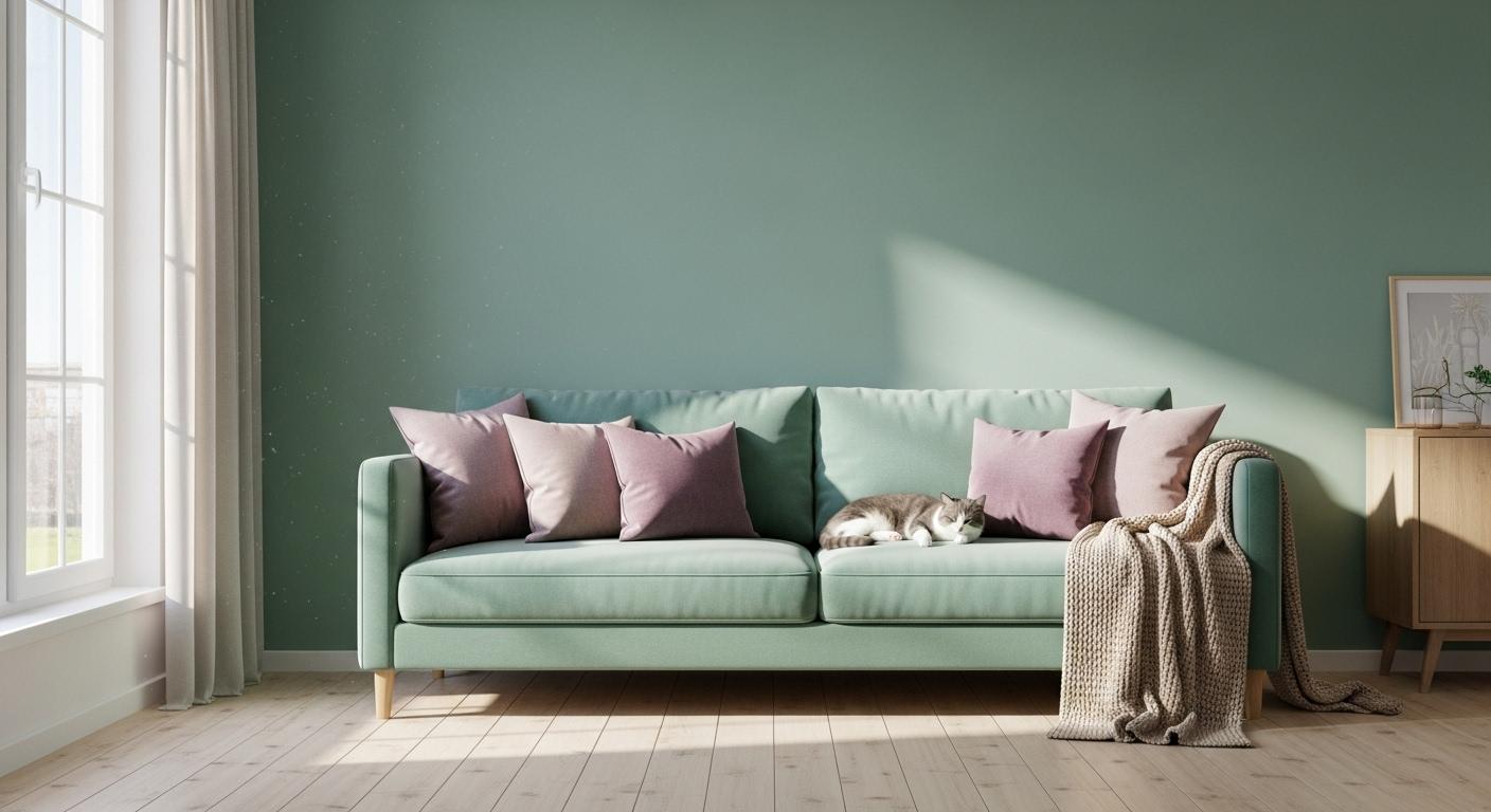 Un-salon-lumineux-avec-un-mur-vert-deau-un-canape-assorti-des-coussins-mauve-et-violet-chromatique-u-1756657805 Comment marier la couleur complémentaire vert d'eau dans la déco intérieure ?