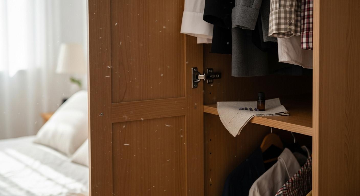 Une-armoire-en-bois-legerement-ouverte-avec-des-vetements-suspendus-et-replies-quelques-gouttes-dhui-1756658704 Mite de poussière : la solution anti-allergie pour textiles et oreillers