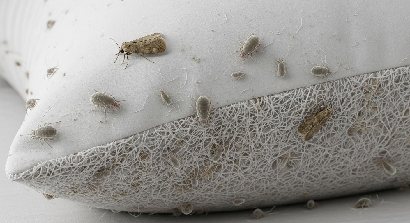 Vue-rapprochee-dun-oreiller-blanc-pose-sur-un-lit-dont-les-fibres-sont-envahies-par-des-acariens-et-1756658703 Mite de poussière : la solution anti-allergie pour textiles et oreillers