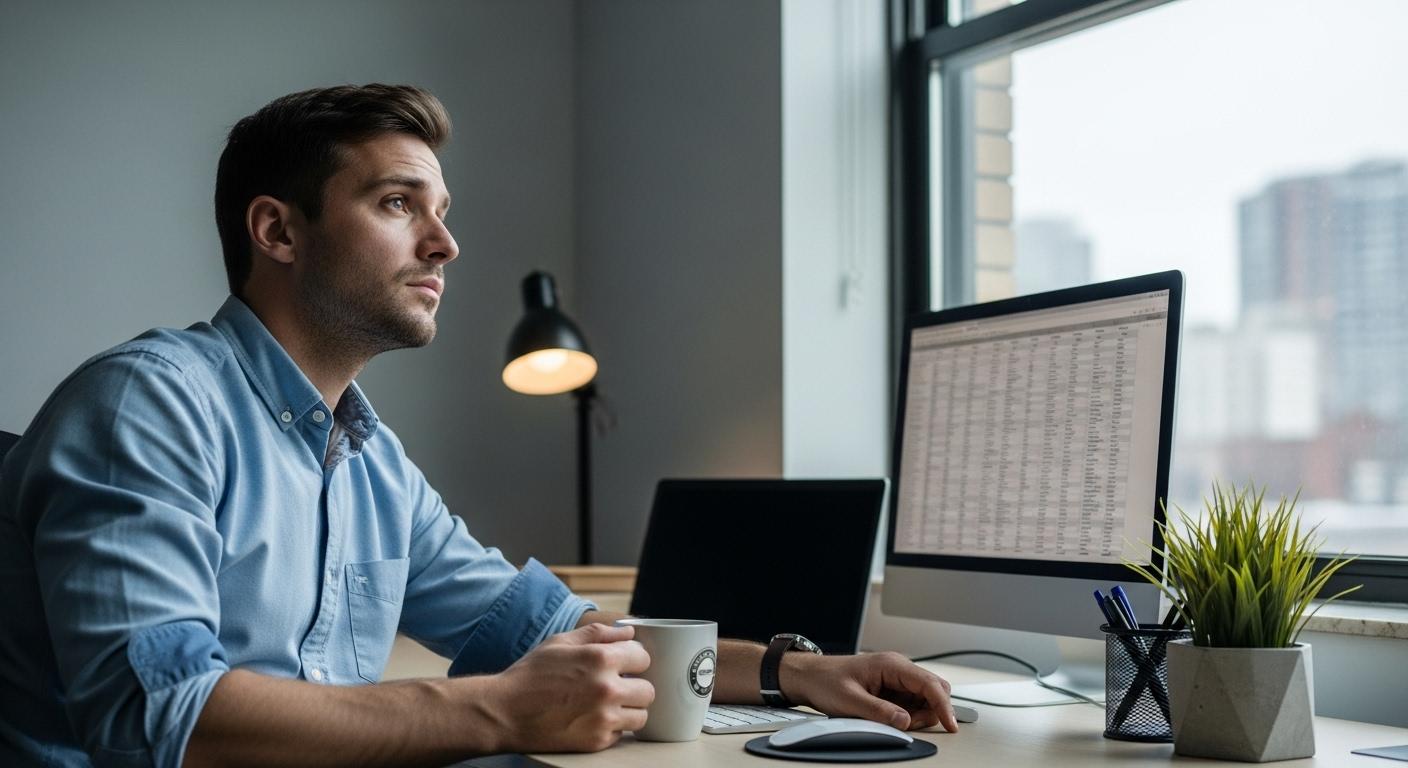 Un-salarie-assis-devant-son-ordinateur-dans-un-bureau-sobre-le-regard-perdu-par-la-fenetre-une-tasse-1757097904 Changer de vie : la reconversion professionnelle quoi faire pour réussir son projet