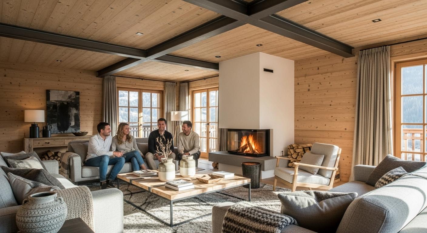 Un-vaste-salon-de-chalet-alpin-baigne-de-lumiere-naturelle-decore-de-bois-clair-dacier-et-de-textile-1758568504 Le chalet luxe Alpes Le Collectionist : le spot fun pour vos vacances