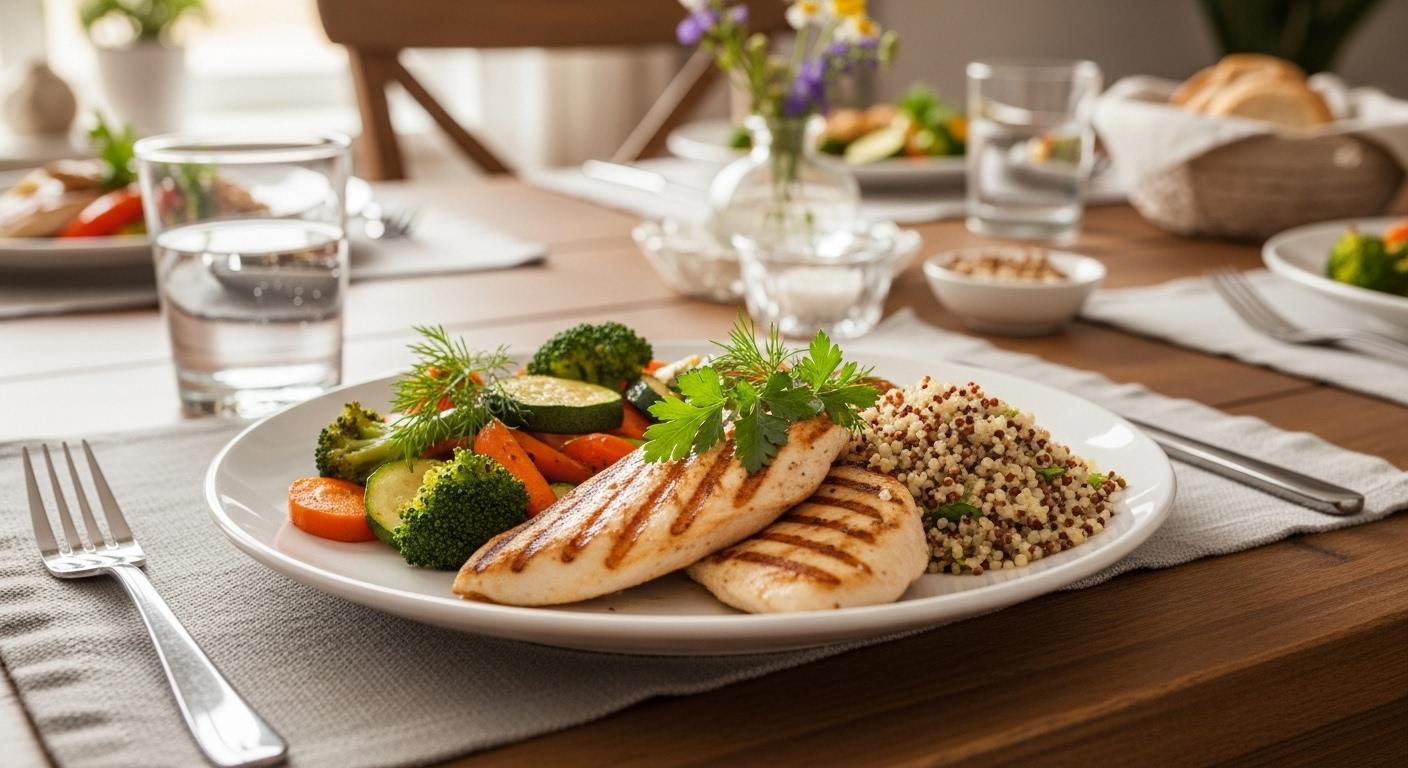 Une-assiette-dressee-sur-une-table-familiale-remplie-de-legumes-colores-brocoli-carottes-courgettes-1757154605 Comment réussir un régime repas du soir sain et gourmand ?