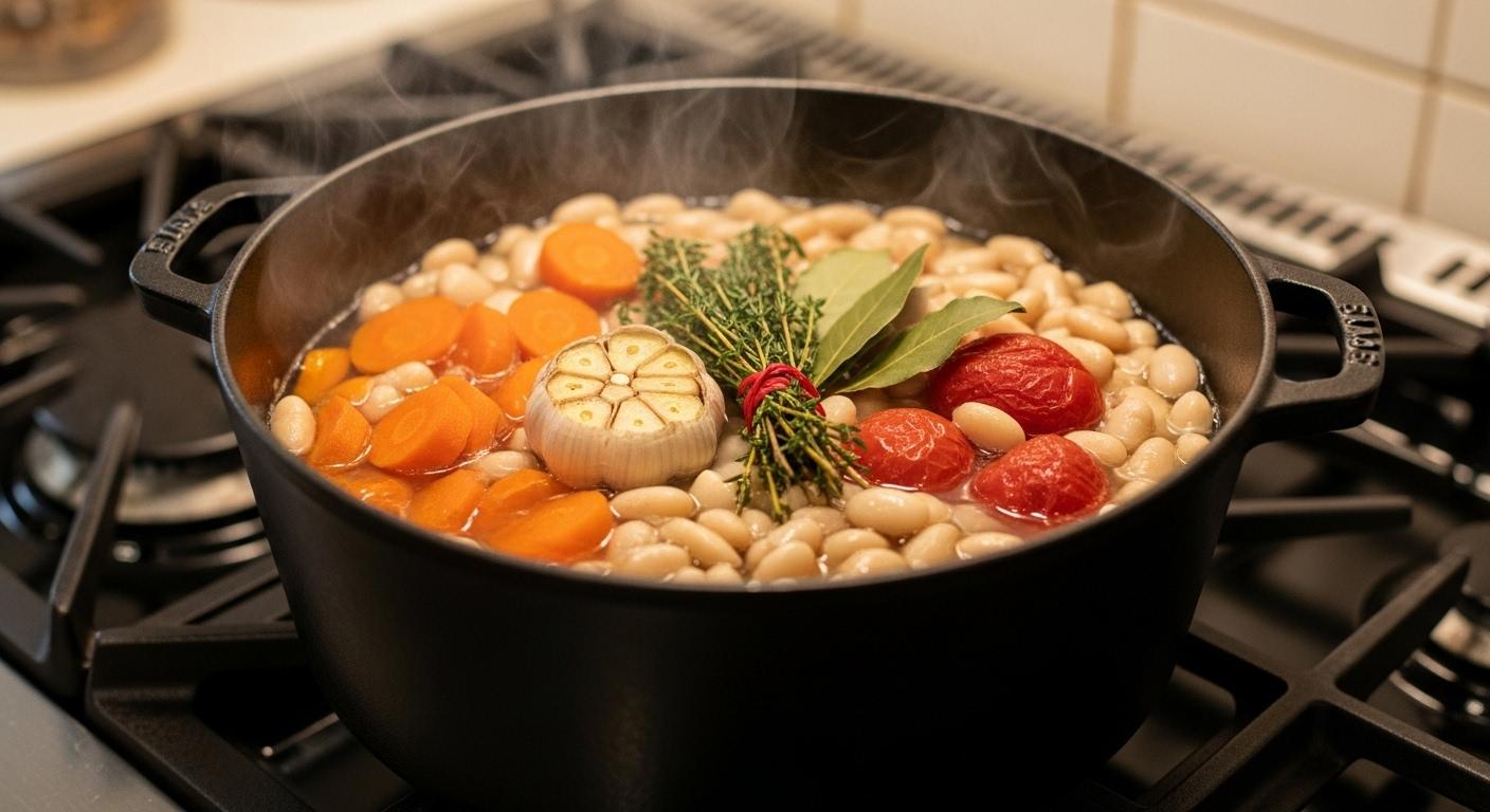 Une-marmite-en-fonte-noire-posee-sur-une-cuisiniere-remplie-de-haricots-blancs-mijotant-avec-des-car-1757155507 La recette mogette de Vendée : un mijoté savoureux aux haricots blancs