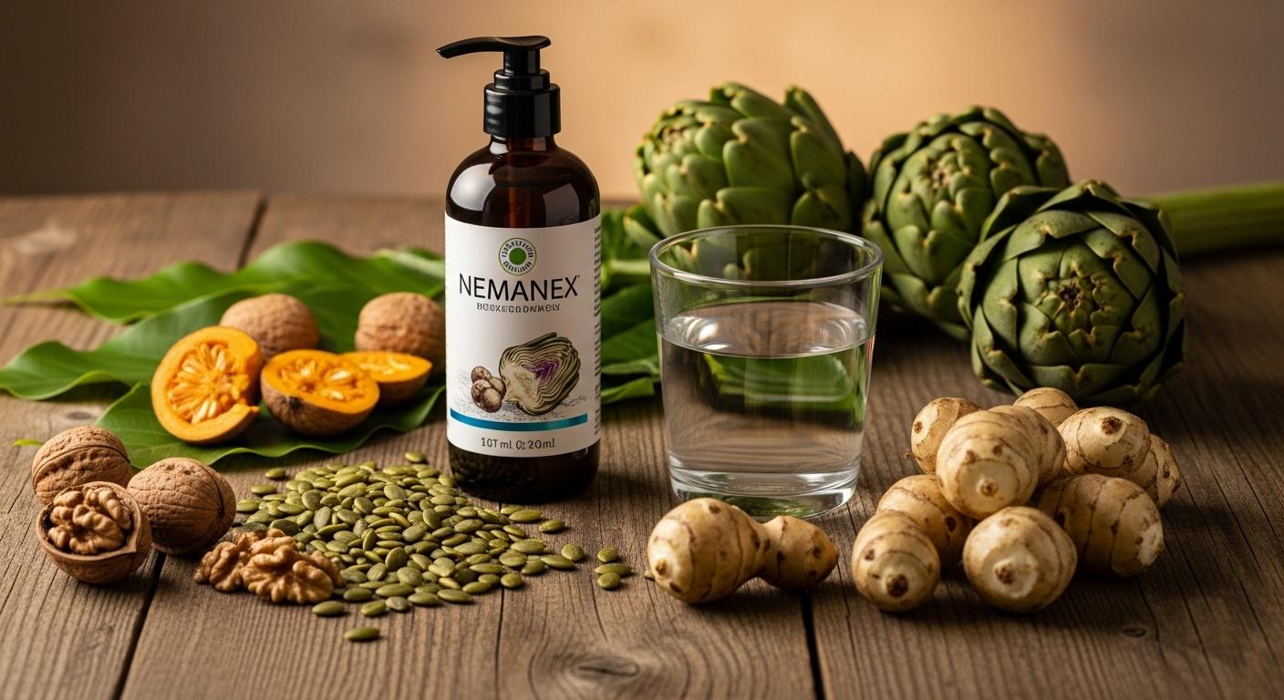 Un-flacon-de-Nemanex-pose-sur-une-table-en-bois-entoure-de-graines-de-courge-feuilles-de-noix-artich-1759420807 Nemanex avis médical : la solution naturelle contre les parasites intestinaux