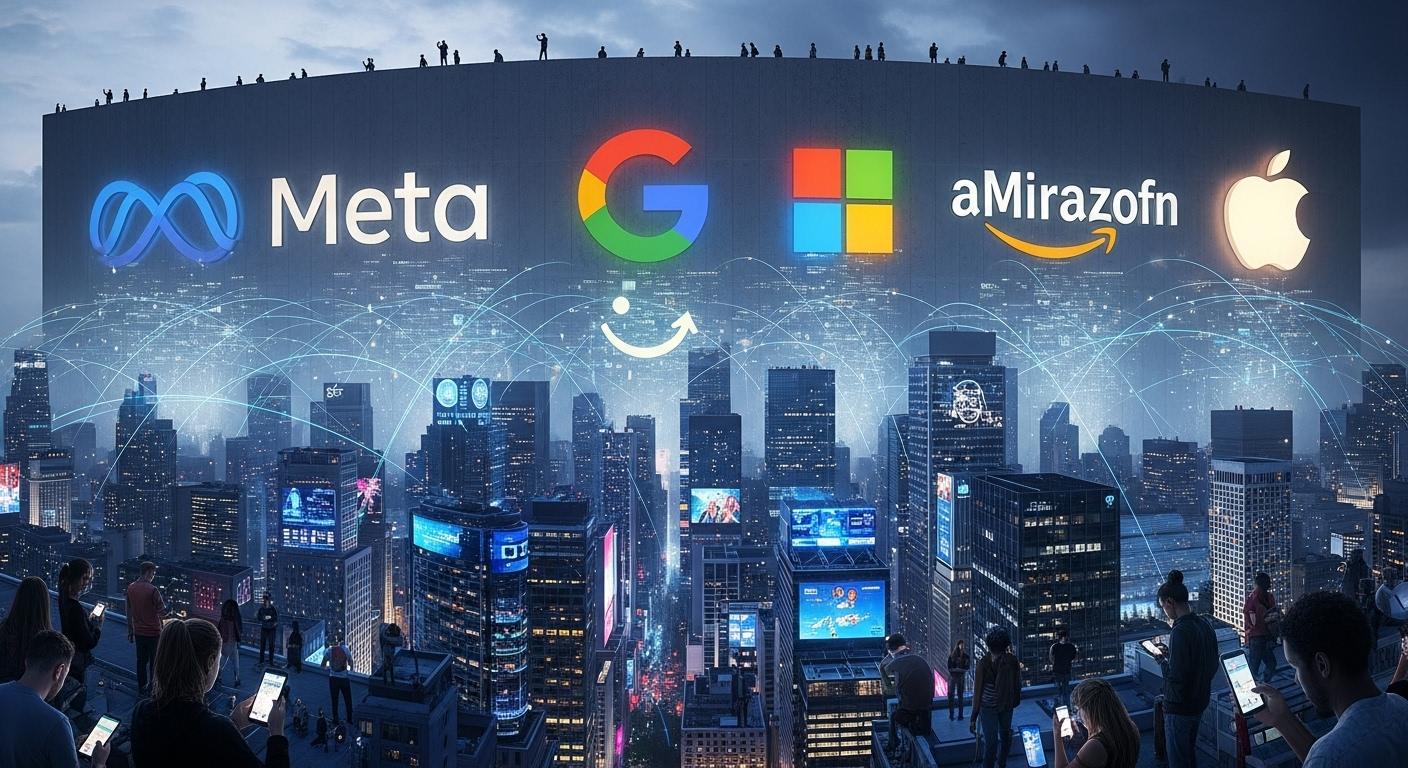 Un-mur-de-logos-geants-de-Meta-Google-Microsoft-Amazon-et-Apple-qui-domine-un-paysage-urbain-moderne-1763152564 À quel Gafam ces réseaux sociaux appartiennent-ils : la répartition expliquée simplement