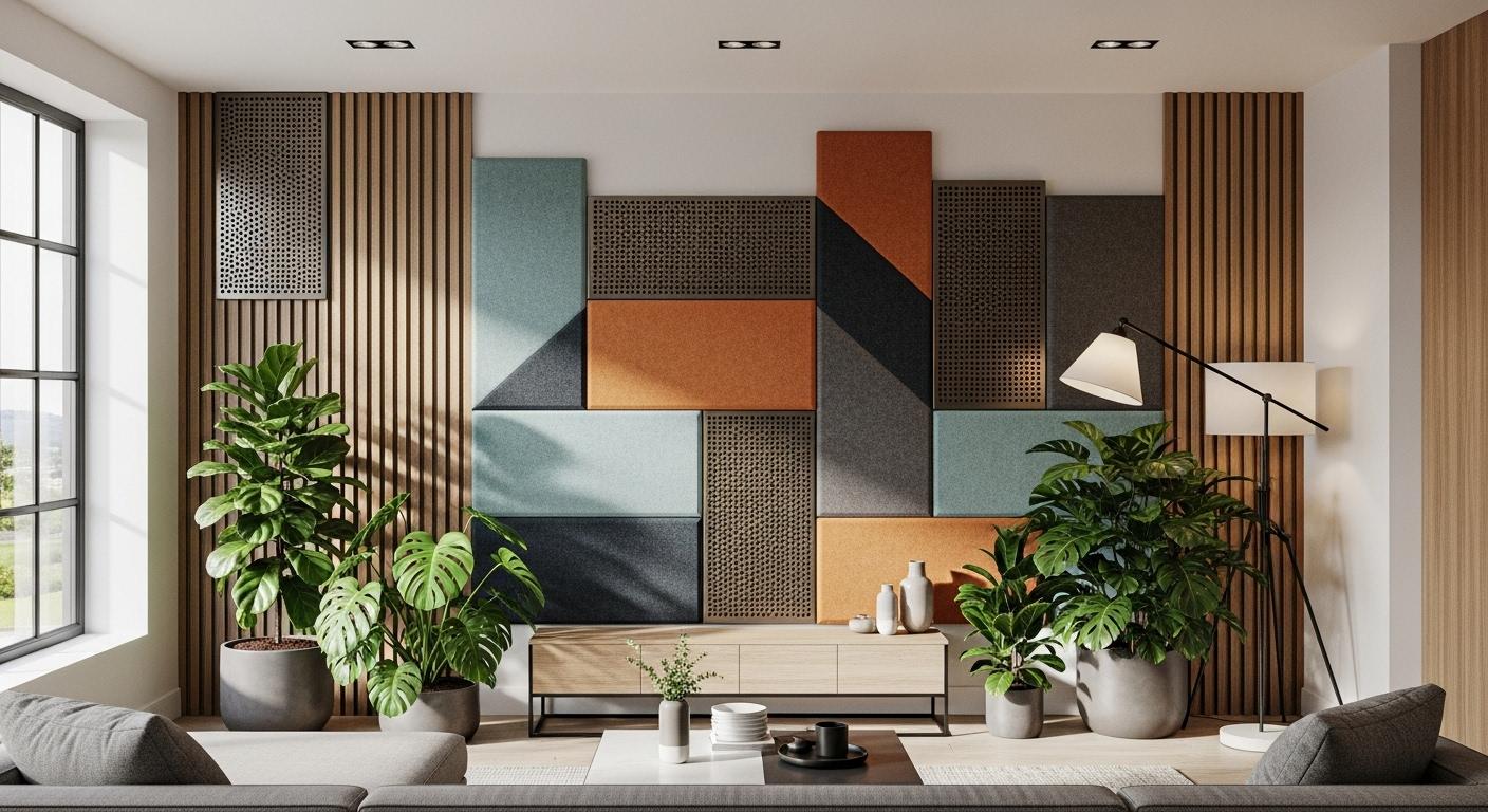 Un-mur-de-salon-moderne-habille-de-plusieurs-panneaux-acoustiques-en-bois-feutre-colore-et-metal-per-1763207824 Le panneau acoustique déco : une solution élégante pour vos espaces intérieurs