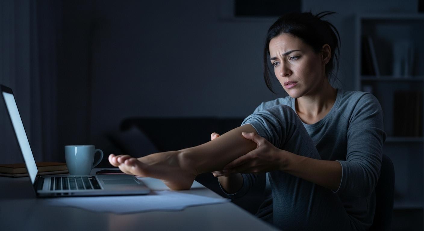 Une-femme-assise-a-un-bureau-la-nuit-lair-fatigue-se-masse-la-jambe-avec-une-expression-de-gene-dans-1762360384 Les fourmillements dans les jambes : les approches techniques pour les soulager