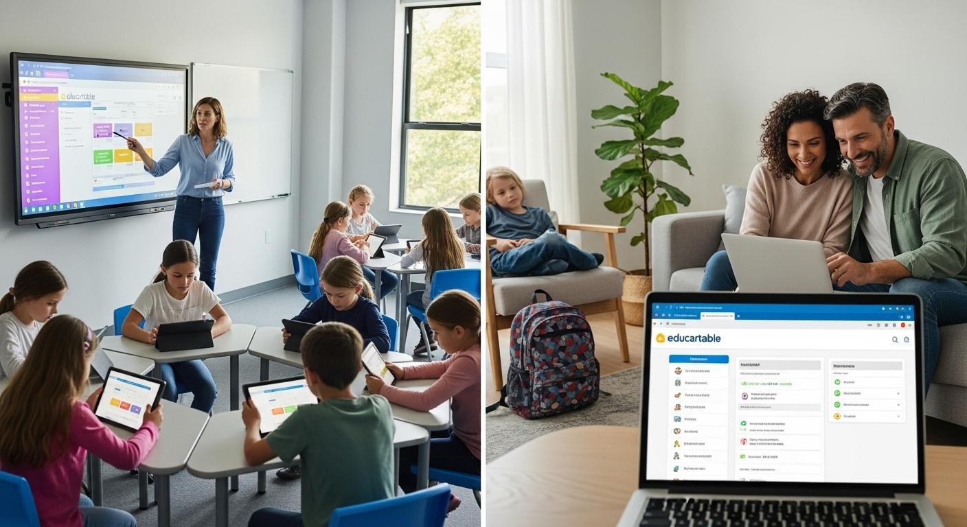 Dans-une-salle-de-classe-lumineuse-une-enseignante-fatiguee-devant-un-ecran-phosphorescent-dirige-de-1764696064 Comment l’Educartable enseignant transforme la gestion des classes en primaire ?