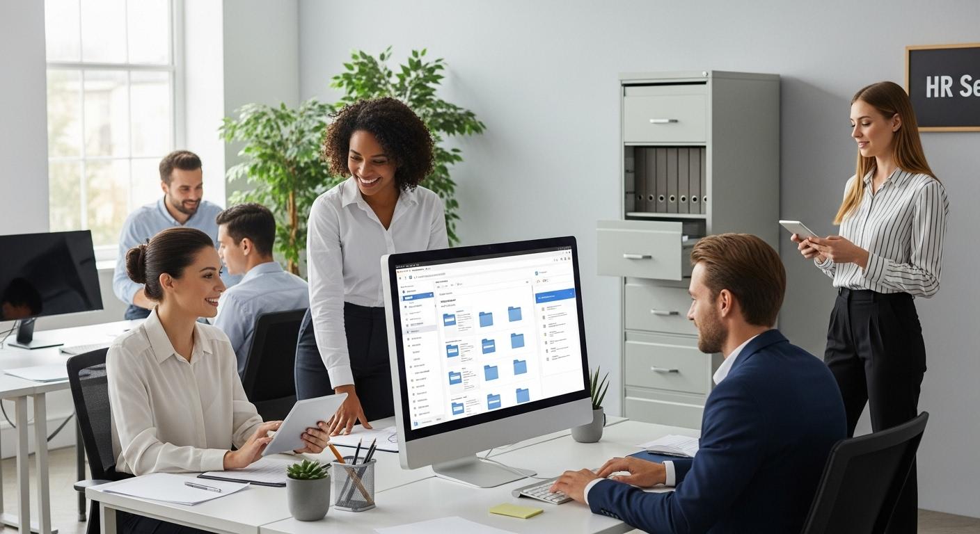 Un-bureau-de-service-RH-moderne-avec-un-ordinateur-affichant-une-interface-de-gestion-documentaire-d-1765812785 Mypeople doc : la solution sécurisée pour la gestion des documents RH en entreprise