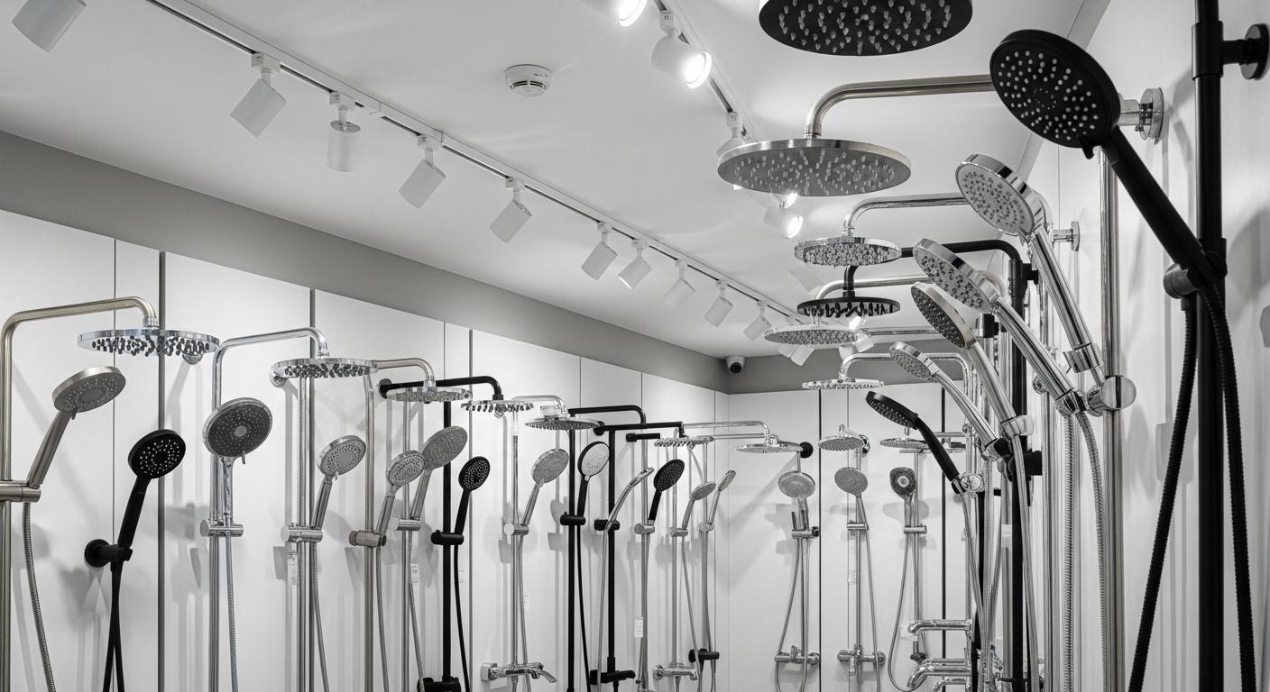 Un-large-choix-de-pommeaux-de-douche-modernes-aux-formes-et-couleurs-variees-est-expose-dans-un-maga-1764617405 Quel pommeau de douche choisir : les produits phares pour une salle de bain design ?