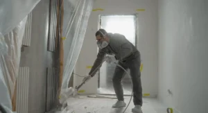 Artisan du bâtiment en tenue de travail sur un chantier de rénovation intérieure