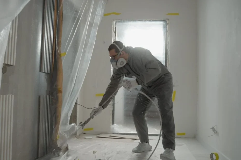 Artisan du bâtiment en tenue de travail sur un chantier de rénovation intérieure