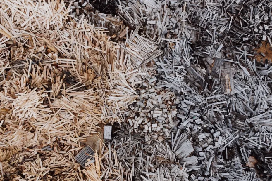 Vue plongeante sur une allée de jardin paillée en copeaux clairs sous arbres